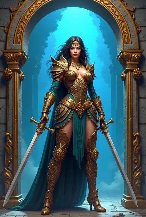 a woman in a costume standing in front of a picture frame with a sword in her hand and a sword in her other hand, Araceli Gilbert, fantasy art, promotional image, poster art.
a woman dressed in armor standing in front of a wooden frame with a blue backgrou...