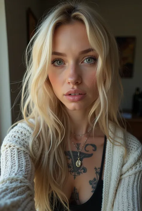 selfie, wink, cute woman with baby face, attractive and seductive facial expression, shy, blonde straight hair, forehead, draw up, Blue eyes, excellent body proportions, covered in tattoos, dressed in a loose knitted shirt, skinny leather pants, engineerin...