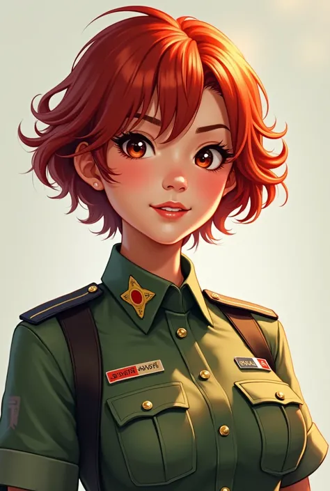 A woman named Nirinthra, short wavy red hair, cheerful, bright eyes, Thai soldier, teenager, age 21, tough, portrait