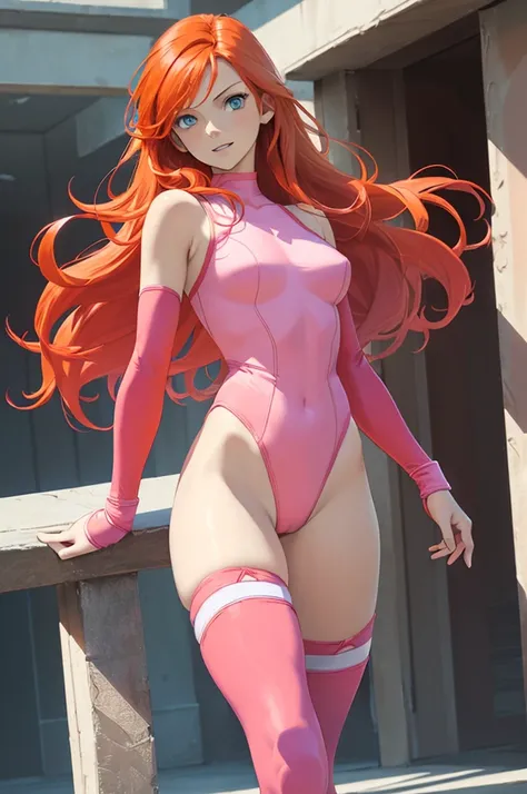 (masterpiece、Highest quality、detailed、HD、Highest quality、High resolution、Solo Character) {{Orange-red hair:(Reddish orange long hair、Light blue eyes、Serious expression、Open Mouth Smile、Beautiful female body、Beautiful feet)、(Pink one-piece leotard、Pink Boot...