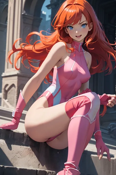 (masterpiece、Highest quality、detailed、HD、Highest quality、High resolution、Solo Character) {{Orange-red haired girl:(Reddish orange long hair、Light blue eyes、Open Mouth Smile、Beautiful female body、Beautiful feet)、(Pink one-piece leotard、Pink Boots、Pink knee ...