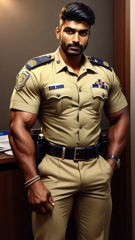 Handsome indian Officer Rahim Khan masuculine bodybuiler indian wrist bands with spiky hairstyle police officer weared light khaki uniform, standing in police station 