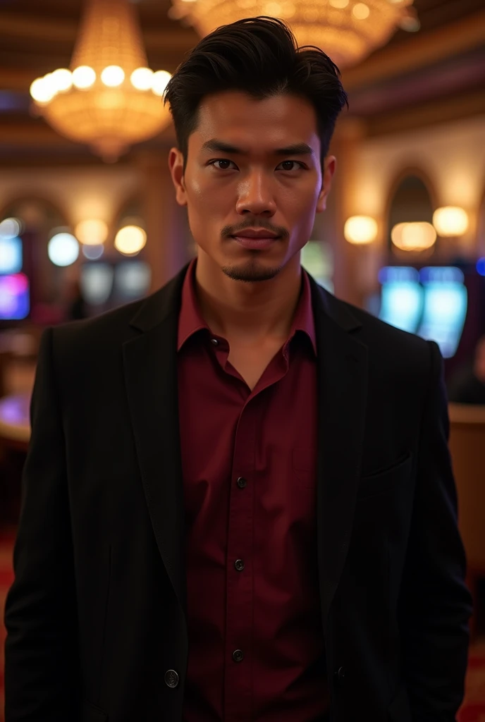 Create a profile photo of a handsome Asian man, 30 years old, dressed in a wine-colored shirt and black jacket posing in a casino