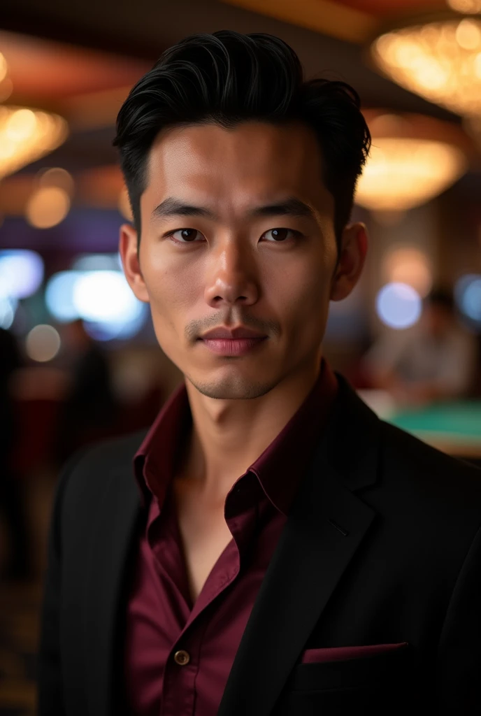 Create a profile photo of a handsome Asian man, 30 years old, dressed in a wine-colored shirt and black jacket posing in a casino