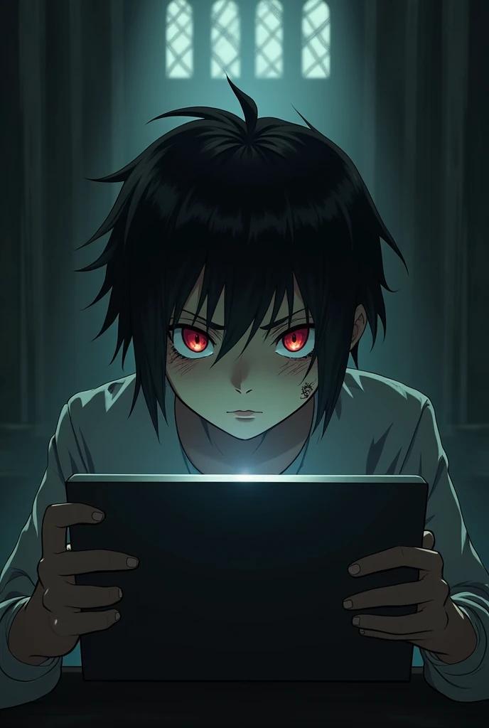 In the dark castle manor，A black-haired boy stares at the screen with ease and indifference，There is a little blood on the cheek，Deep red pupils