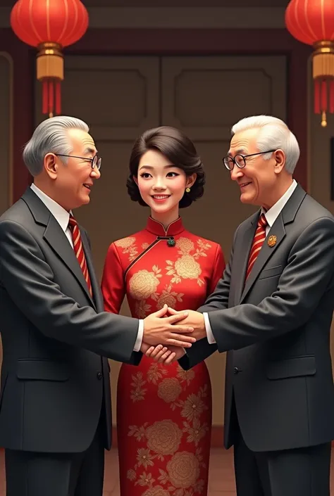 A pair of old men，Men&#39;s charcoal grey suit，Women wearing cheongsam。Asian。Send blessings to the newlyweds。



