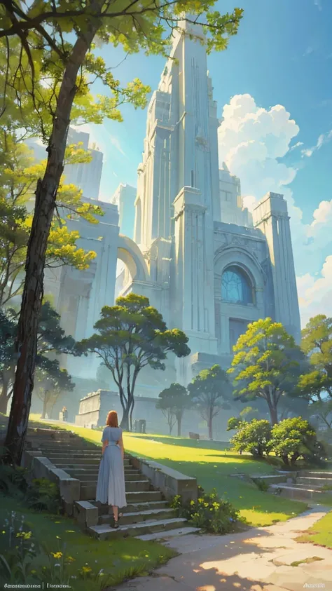 ralph-mcquarrie style, greek architecture done in a sci-fi style on a beautiful forest and meadow scene with tall buildings and open green spaces, oil painting, beautiful, highly detailed, 4k anime