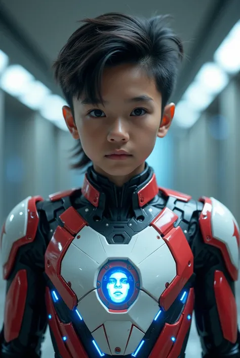 a young 17 year old boy wearing a red and white exoskeleton armor, a robot face on his chest , malaysian mullet hairstyle, detailed face and eyes, highly detailed, 8k, photorealistic, cinematic lighting, concept art, sci-fi. Led light blue.led light robot ...