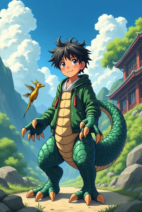 A boys lower_body is becomed dragon(Japanese anime style)