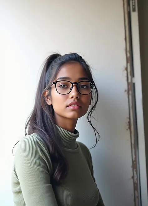 Dark Brown skinned indian 23 years old girl, almond eyes, simple glasses, High ponytail, sage high neck shirt, simple spectacles, photorealistic, potrait 