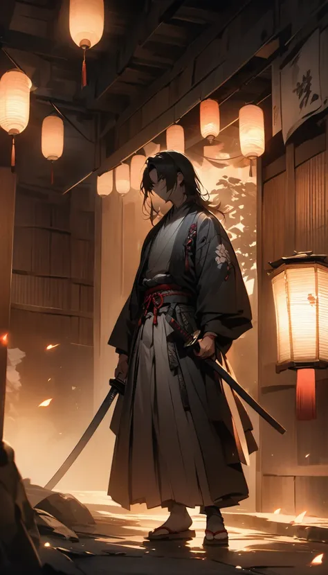 "A samurai in a dimly lit alley, his face partially obscured by shadows, holding a katana. The background shows traditional Japanese architecture with lanterns casting a warm glow."