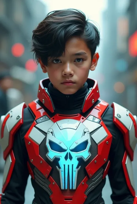 a young 17 year old boy wearing a red and white exoskeleton armor, a robot face on his chest , malaysian mullet hairstyle, detailed face and eyes, highly detailed, 8k, photorealistic, cinematic lighting, concept art, sci-fi. Led light blue.led light robot ...