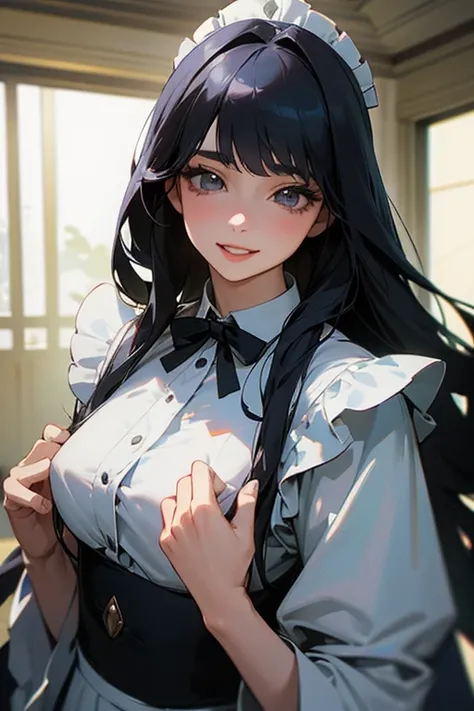 (Highest Resolution, clear_image) Highest quality, single, One woman, alone, masterpiece, Very detailed, Semi-realistic, Black Hairのショートヘア, Black Hair, bangs, 18-year-old, mature, Light blue , Indoor Background, kind, Authoritative, Powerful, exquisite fea...