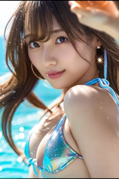 close-up of a woman in a bikini taking a photo, shiny plastic bikini, realistic bikini,  a real young gravure idol, metallic bik...