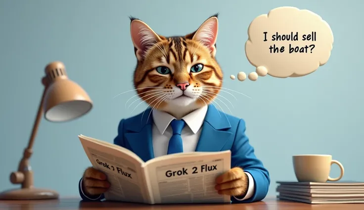 photorealistic, highly detailed, 8k, masterpiece, A cat wearing a blue business suit and tie, reading a newspaper, newspaper headline says "GROK 2 FLUX", cat thought bubble says "I should sell the boat",