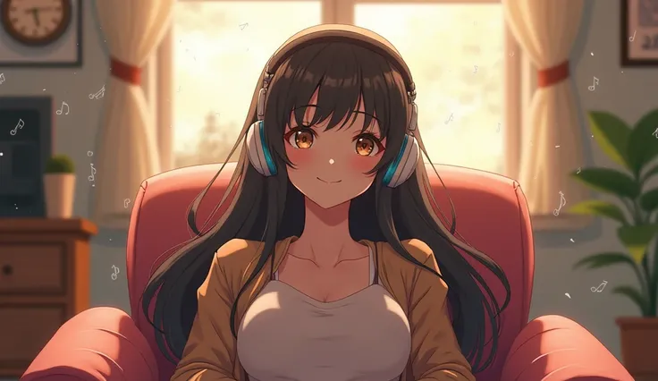 Perfect image, 8k, High school girl listening to music in a cozy room,Big Breasts、 Using headphones, 2D-style animation, Lo-Fi, Magical World、A big smile、Retro、Anime style illustrations、Mature atmosphere
