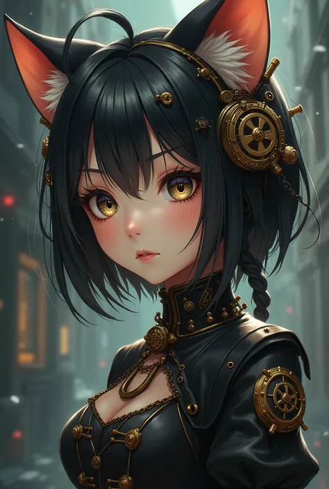 A 15-year-old steampunk-styled anime girl with cat ears, detailed facial features, delicate skin, intricate clothing, intricate mechanical details, striking pose, dramatic lighting, cinematic composition, muted color palette, digital painting, masterpiece,...