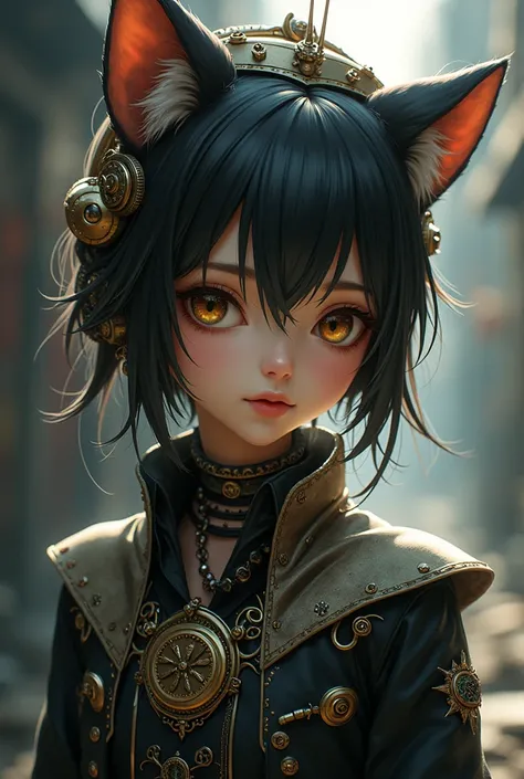 A 15-year-old steampunk-styled anime girl with cat ears, detailed facial features, delicate skin, intricate clothing, intricate mechanical details, striking pose, dramatic lighting, cinematic composition, muted color palette, digital painting, masterpiece,...