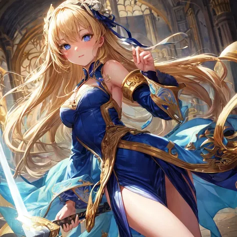 Beautiful cute girl with golden hair blue eyes and richly dressed with a sword