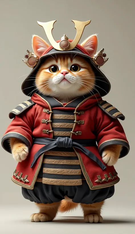 Photorealistic, 64K, A cute fat cat wearing a [samurai x costume], standing up,