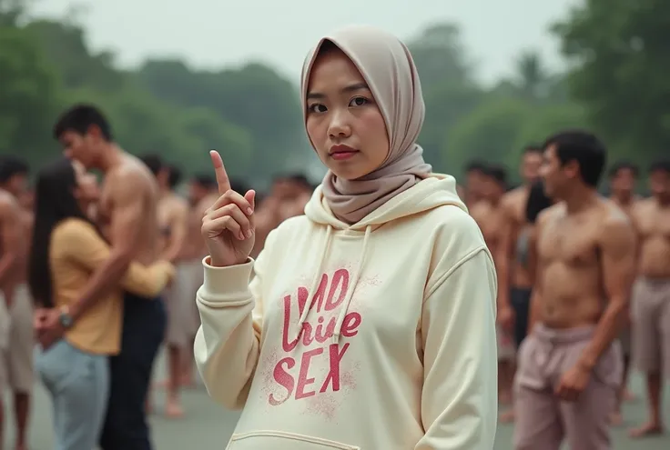 Pregnant, A hijaber indonesian pretty woman, wearing a cream hoodie with a strong vector design featuring a silhouetted image of a five-fingered palm in pastel colour with love and light. The phrase "STOP FREE SEX" is displayed in bold simple elegand, dist...