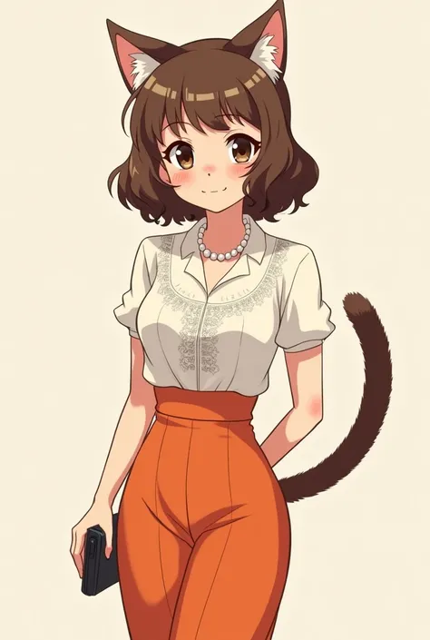 anime style cat girl with brown hair wearing 50s clothing