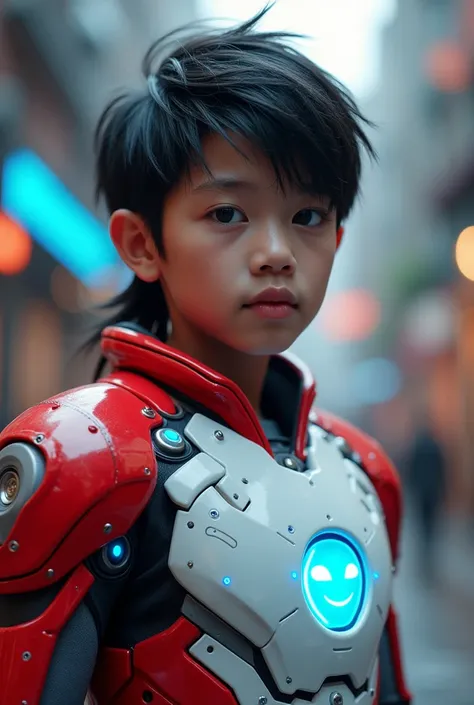 a young 17 year old boy wearing a red and white exoskeleton armor, a robot face on his chest , malaysian mullet hairstyle, detailed face and eyes, highly detailed, 8k, photorealistic, cinematic lighting, concept art, sci-fi. Led light blue.led light robot ...