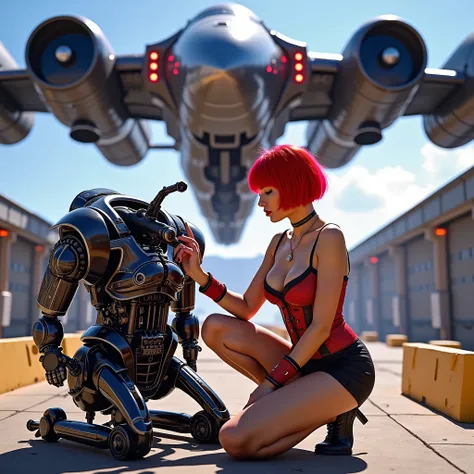 (((cyberpunk style with neon style mixed in))) seen taken from a low-angle perspective of a bright red-haired woman in a red tight corset and black shorts that resemble a sexy repair uniform is sitting on the ground with a tool in hand fixing a broken robo...