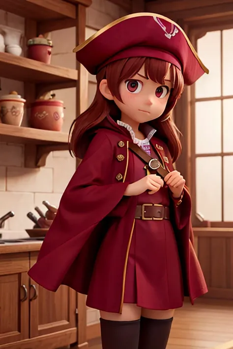 female、１６age、Pirate Captain、Burgundy clothes、Reddish brown hair、Twin tails、Large cloak、Embarrassed expression、I can see your thighs、Uniform-like clothing、A little brighter、