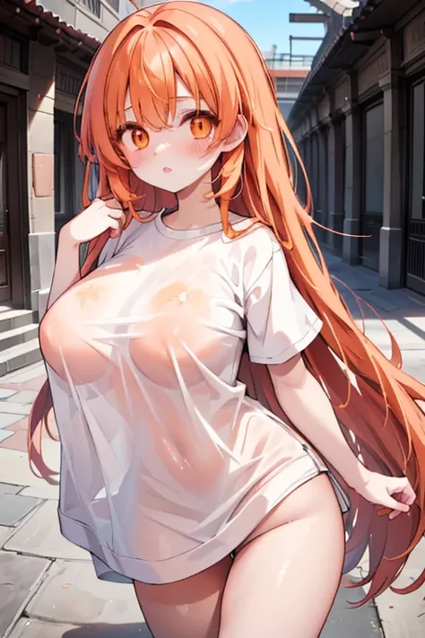 (1 anime girl) (orange hair, long resurrection), (orange eyes, bright), slight blush, ((masterpiece)) (super detailed) (super developed) (big breasts) ((scenery: courtyard of a university)) (sexy) sexy college clothes, tight and marked, and sexy pose 