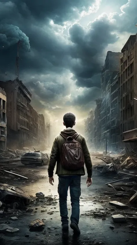 
"In a highly detailed and realistic apocalyptic scene, A young man of 20 years, with an expression of astonishment and anguish, walks through a devastated park while holding a cat in his arms. The sky is full of falling cylindrical asteroids, and the envi...