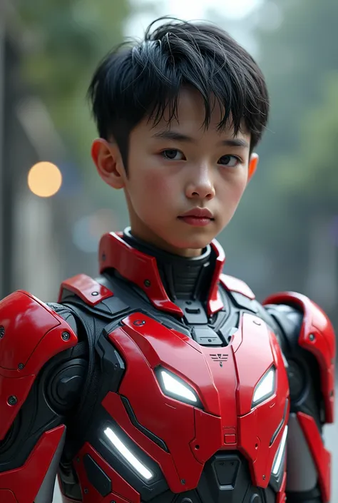 a young 17 year old boy wearing a red and white exoskeleton armor, a robot face on his chest , malaysian mullet hairstyle, detailed face and eyes, highly detailed, 8k, photorealistic, cinematic lighting, concept art, sci-fi. Led light blue.led light robot ...