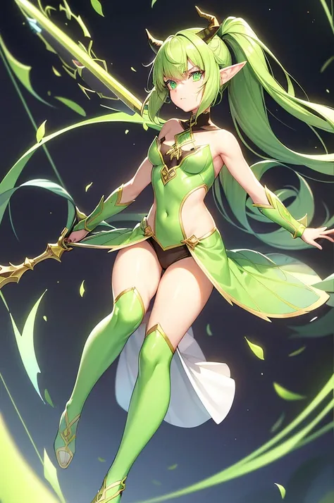 prismatic coloration, holographic environment, young plant girl, leafy green skin tone, Elegant, elven ears, serious glare, ponytails, leaf green hair, Heterochromia with deep green & Gold eyes, C-cup, lithe, fit, tribal attire, full-body, slender legs, fo...