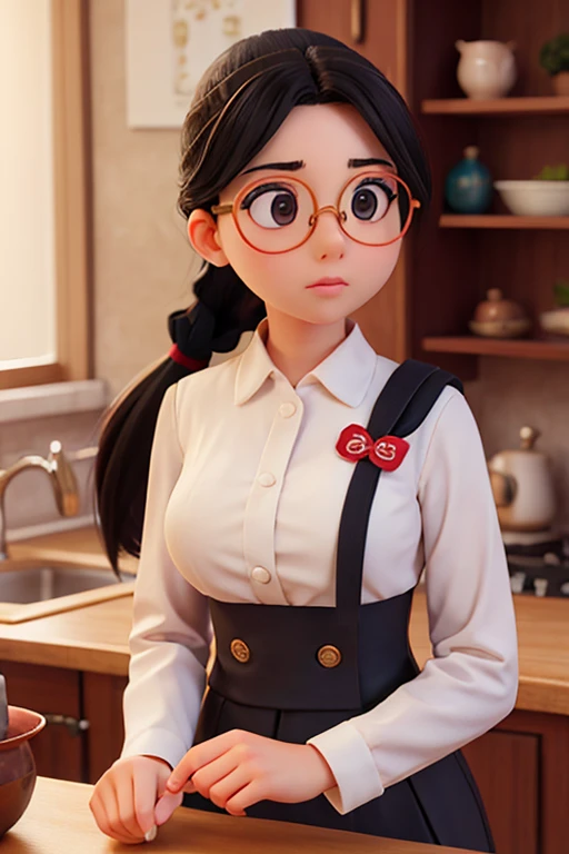 female、１６age、Round Glasses、ponytail、Hair falls on shoulders、Large bust、uniform、Housewife-like atmosphere、Black Hair、