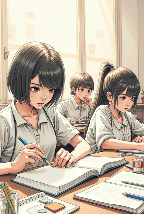 A comic scene of students studying in a classroom, detailed pencil sketch, students sitting at desks, focused expressions, scattered books and stationery, dynamic poses, warm lighting, intricate background details, minimalist color palette, high contrast, ...