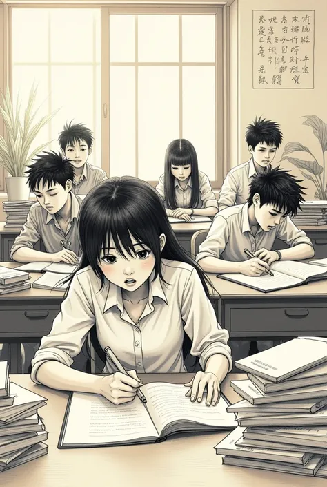 A comic scene of students studying in a classroom, detailed pencil sketch, students sitting at desks, focused expressions, scattered books and stationery, dynamic poses, warm lighting, intricate background details, minimalist color palette, high contrast, ...