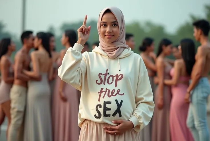 A hijaber indonesian pretty girl pregnant, wearing a cream hoodie with a strong vector design featuring a silhouetted image of a five-fingered palm in pastel colour with love and light. The phrase "STOP FREE SEX" is displayed in bold simple elegand, distre...