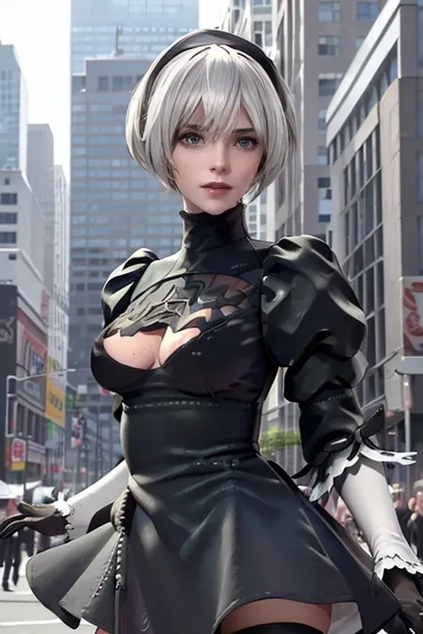 (((slim thighs))), (((thin waist))), (((thin hips))), (((thin lower body))), (2B), ((nier_automata)), white hair, short hair, black_dress, black_hairband, robot_joints, android, cyborg, clothing_cutout, 8k, ultra realistic, masterpiece, best quality, ultra...