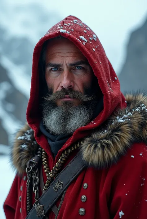 an image of a bearded mountain man in a red hooded robe with mountains in the, Kerembeyit, a character portrait, fantasy art, sean harris wizard, viking and templar aesthetics, closeup portrait of an mage, picture of a male cleric, from witcher (2021), epi...