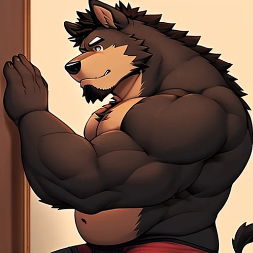 masterpiece,furry art, daddy,detailed,hairy chest and neck with thick black fur,hairy black body,handsome muscular dog man,boxer briefs with puppy patterns,hairy arms,big round eyes covered with long black fur,furry anime,muscular build,soft fur textures,f...