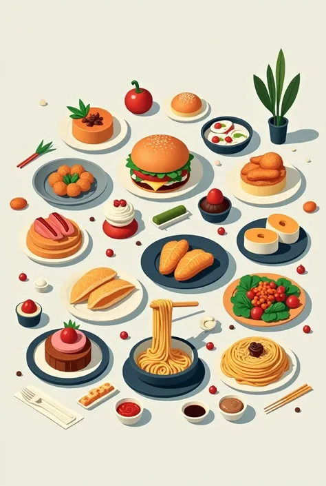 modern style，Flat设计，All kinds of food，Hamburger，sushi，steamed stuffed bun，Fried chicken，pancakes，cake，Hand-Pulled Noodle，Salads, etc.，Minimalist style，Non-realistic style，Flat，flat style，Cool colors