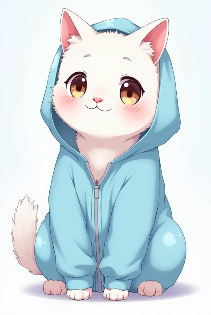 Anime style image of a white cat wearing a sky blue hoodie