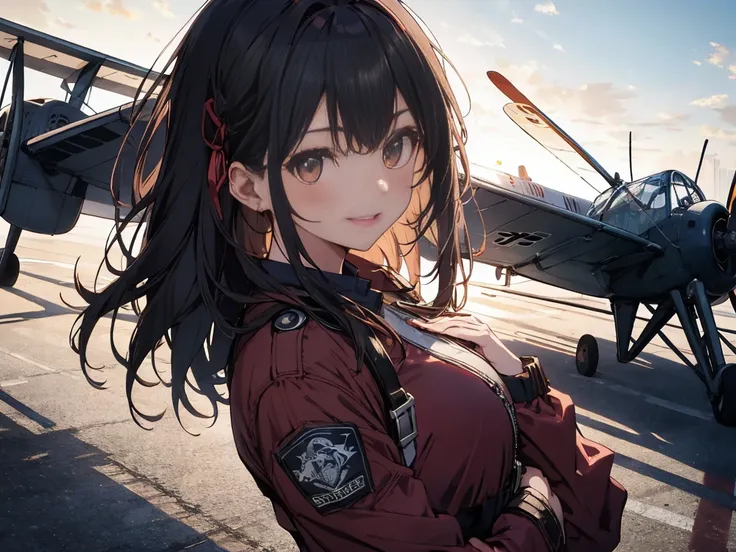 masterpiece, highest quality, High resolution, One Girl,1930s、Biplane on background、Pilot Suit、 alone, Girl with bangs、young woman、18-year-old、Long Hair、smile