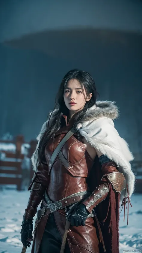 cinematic still stunning warrior stands tall amidst the chaos of a snow-shrouded battlefield, fur-lined cloak and distressed leather armor covering from the neck down, battered and bloodied, muscles rippling beneath her skin, ruthless efficiency, snow swir...