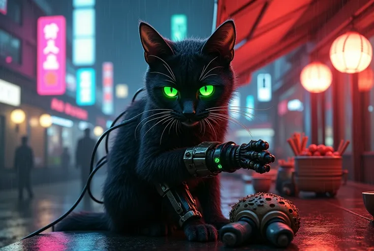 A Hollywood movie poster, text at themiddle says "GROK 2 FLUX" ,Masterpiece, 4k, 8k, high quality, highly detailed, concept art, A cyberneticly enhanced cat, glowing neon green eyes, cables on back, robotics, one paw is metalic, looking at viewer, sitting ...