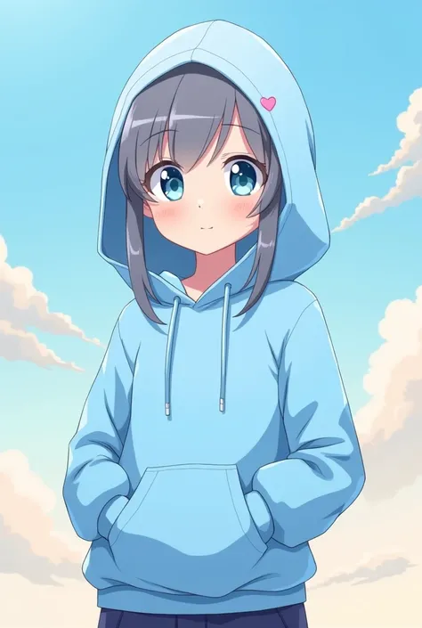 Anime style image of boykisser wearing a sky blue hoodie