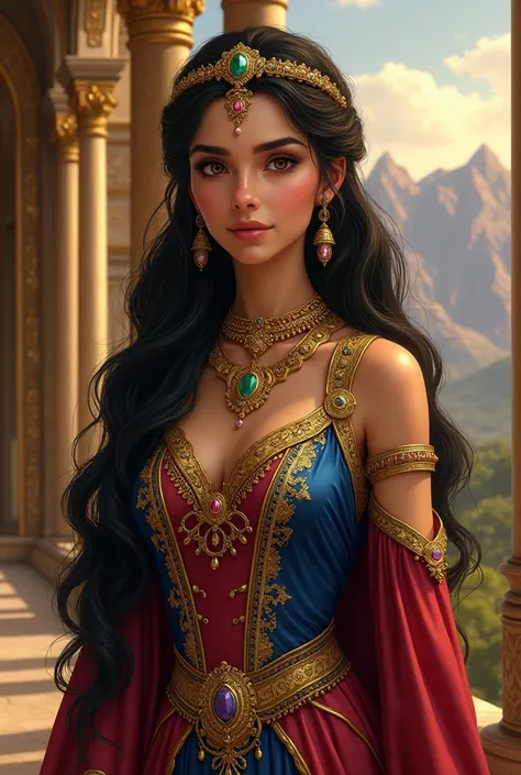 "Create a detailed portrait of Roxana, the ancient Bactrian princess, with an oval-shaped face and smooth, warm olive-toned skin. She has large, almond-shaped dark brown eyes with thick, naturally arched eyebrows, and a hint of kohl around her eyes for add...