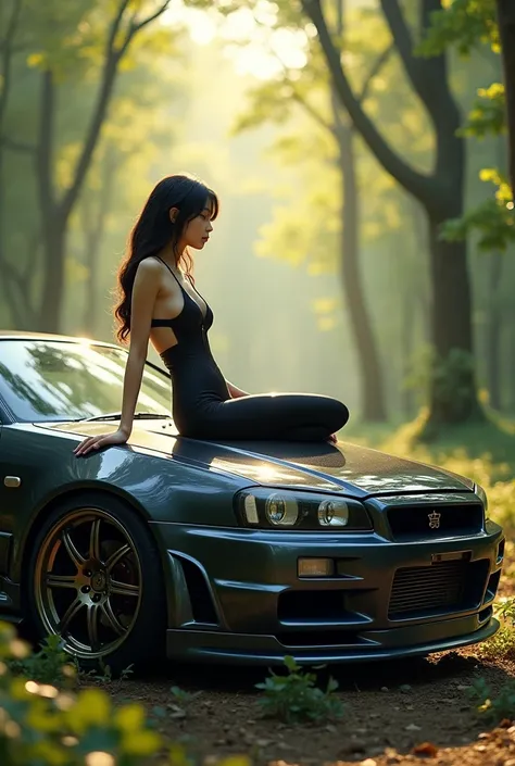 ((best quality)), ((masterpiece)), (detailed), Nissan skyline r33 with a hot japanese girl sitting on the bonnet with sunshine background in the forest 