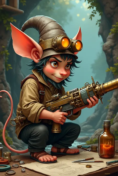 man in a brown shirt and black pants working on a mechanical water gun, style of jean baptiste monge, jean baptiste monge, elfpunk, inspired by Jean-Baptiste Monge, full color illustration, gnome artificer, steampunk concept art, by Todd Lockwood, steampun...