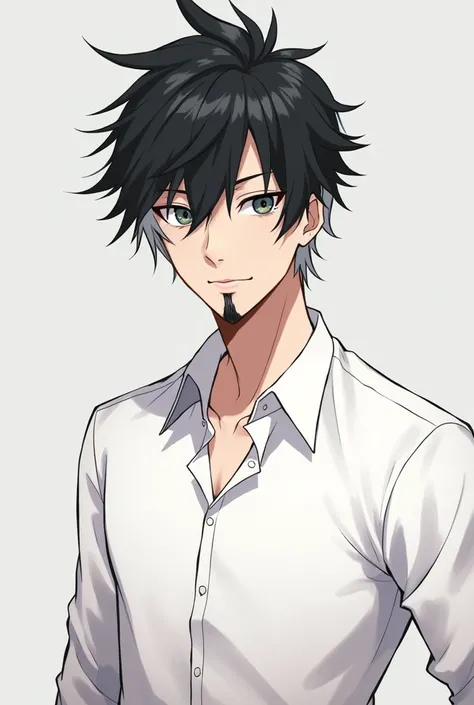 A anime chracter wearing white shirt and have black and white mix hair and goat  black beard.
Looking straight.